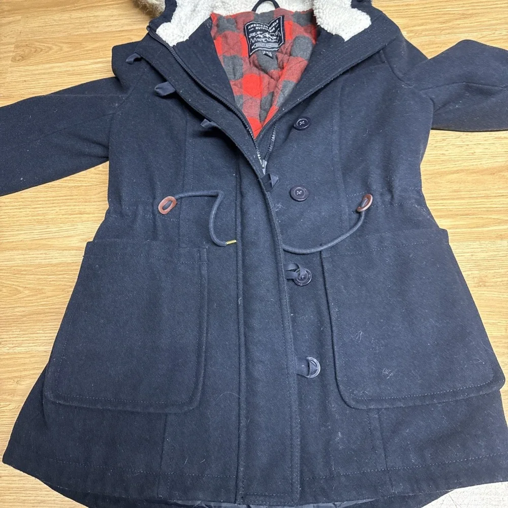 American Eagle Outfitters Womens Med Wool BL Coat Hood Navy‎ Buffalo Plaid